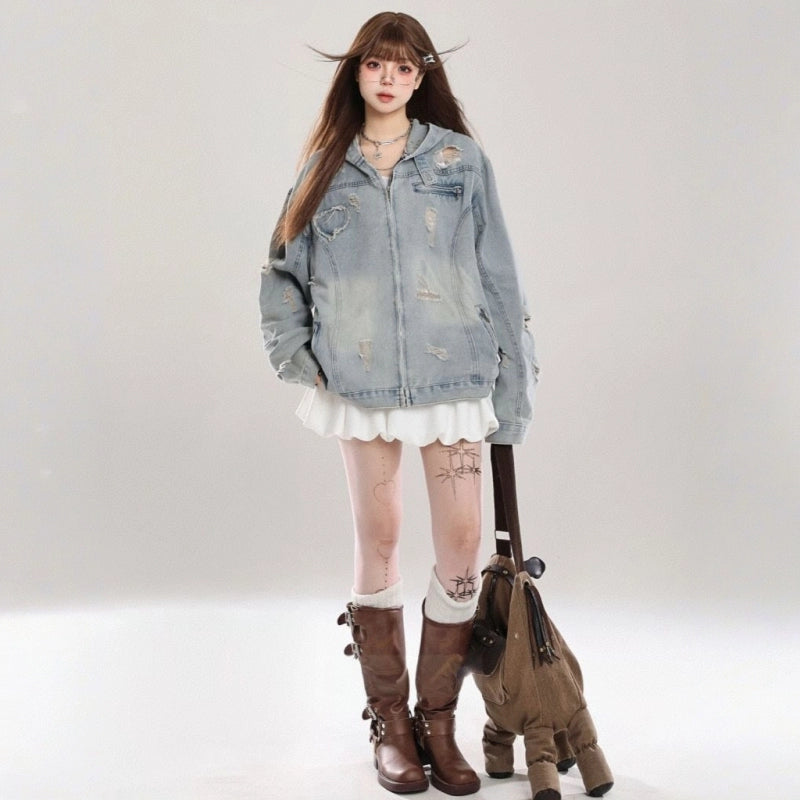American Retro Ripped Denim Hooded Jacket