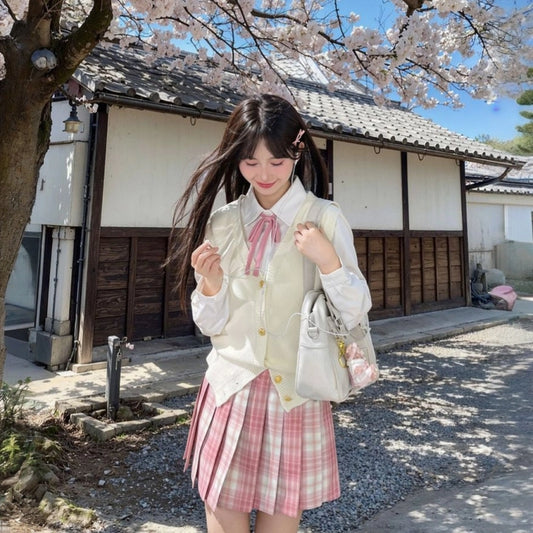 Kawaii Japanese Style Pink Plaid Skirt High Waist JK Skirt