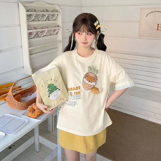 Kawaii Multicolor Cartoon Pattern Embroidered T-shirts