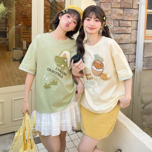 Kawaii Multicolor Cartoon Pattern Embroidered T-shirts