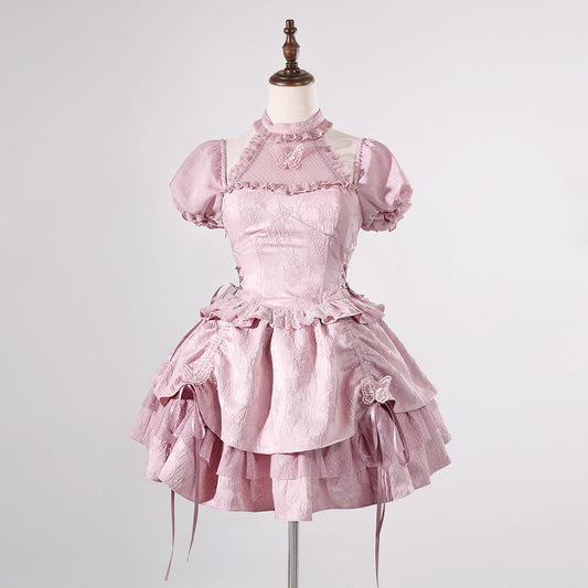 White Solid -Color Lace Bubble Sleeve Lolita Skirt