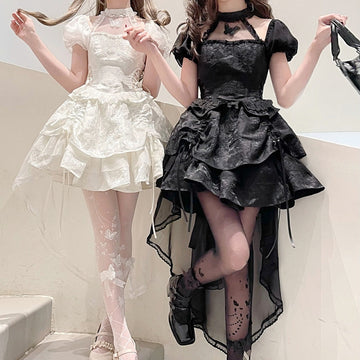 White Solid -Color Lace Bubble Sleeve Lolita Skirt