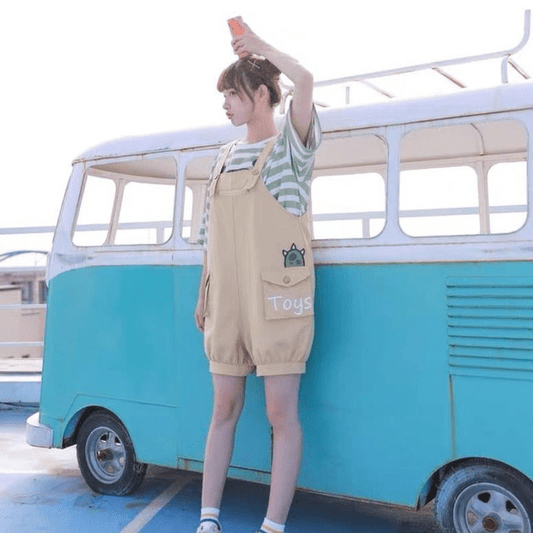 Kawaii Monster Stripe T-Shirt Pocket Overalls