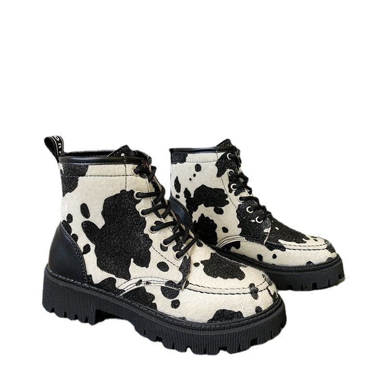 Kawaii Style Cow Print Combat Boots