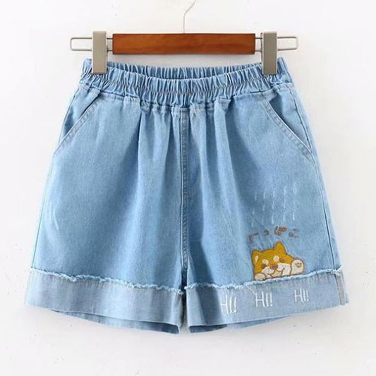 Rabbit Embroidery Vintage Denim Shorts