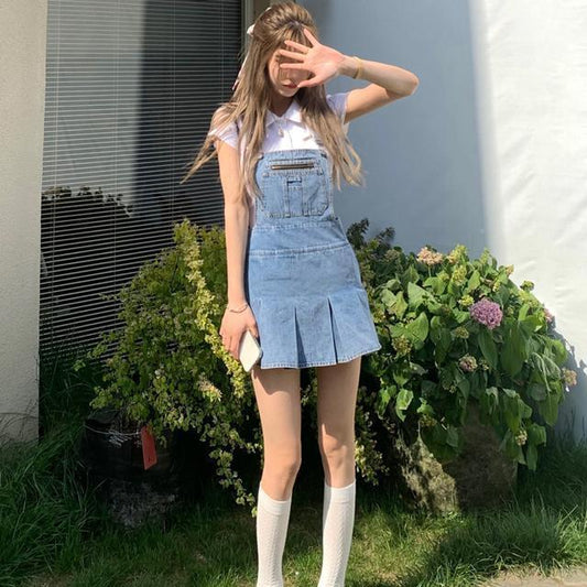 Kawaii Blue Denim Pleated Dress