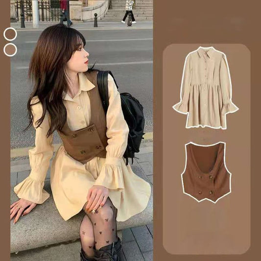 Double Button Vest Ruffled Dress Set