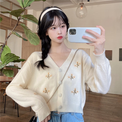 Kawaii Plunging Floral Embroidered Short Cardigan