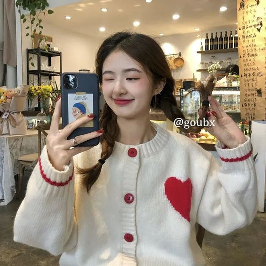 Kawaii Round Collar Heart Knitted Cardigan