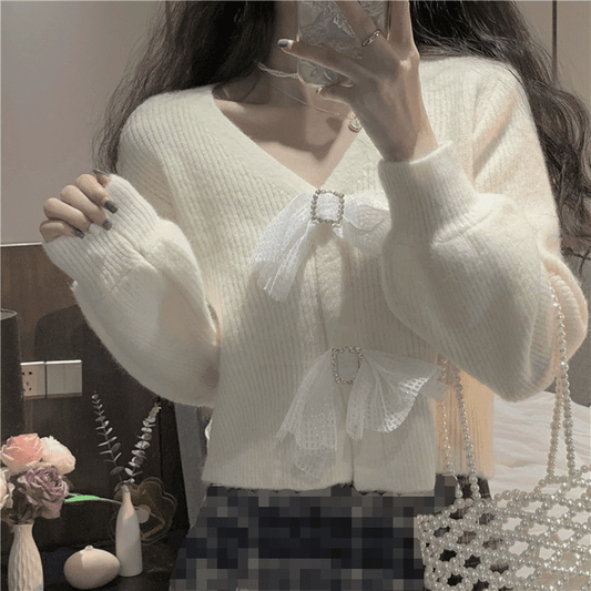 Korean Style Puff Sleeved Bowknot Cardigan
