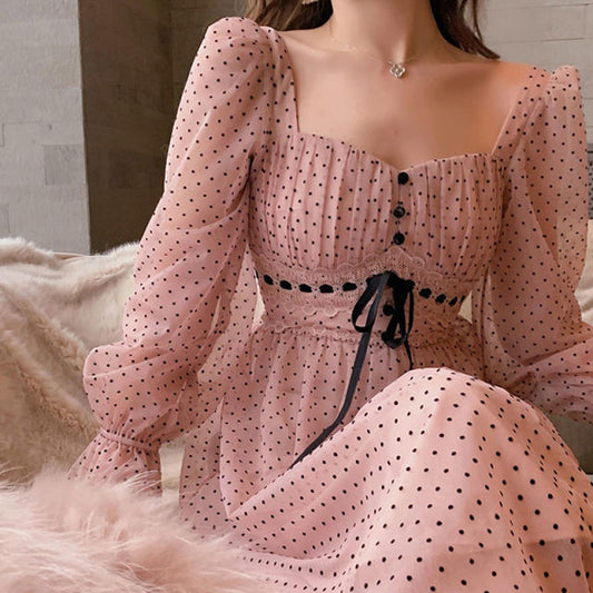 French Vintage Autumn Dot Midi Dress