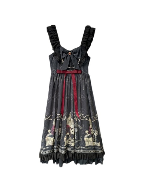 Gothic Ruffles Bows Floral Print Black Lolita Dresses