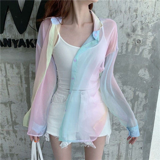 Soft Girl Rainbow See Through Long Sleeve Blouse