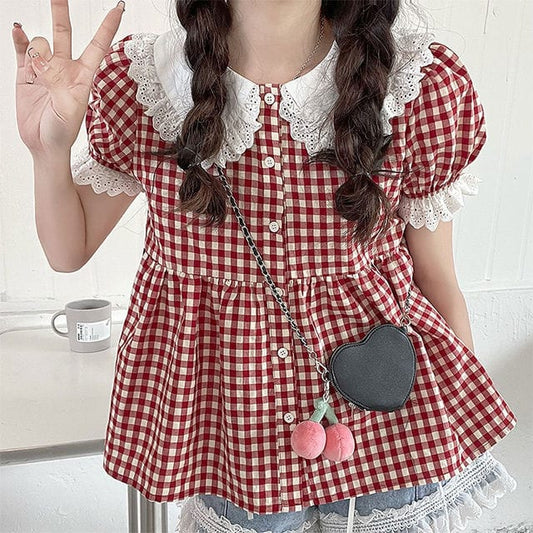 Kawaii Lace Collar Red Plaid Doll Shirt