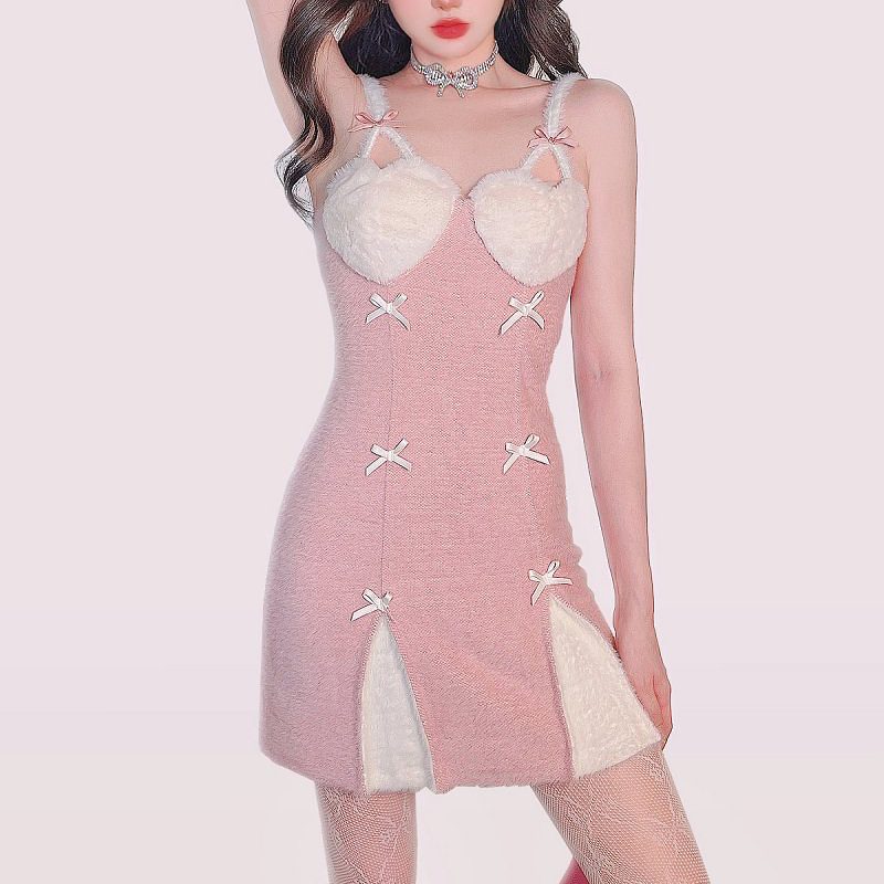 Kawaii dulcia Pink Cordis Plush Mini Dress