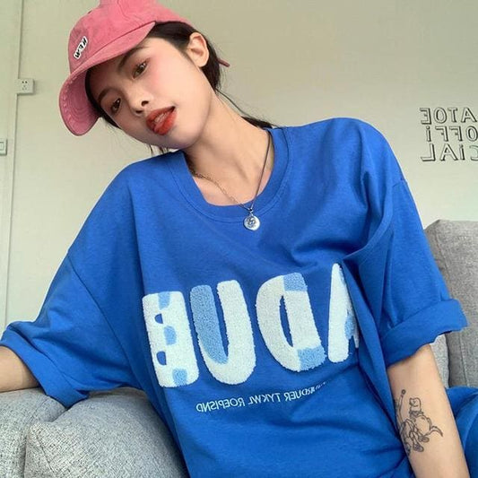 Simple Blue Towel Embroidered Letter T-shirt