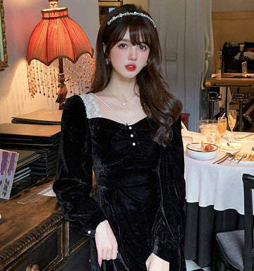Korean Vintage Black Lace Midi Dress
