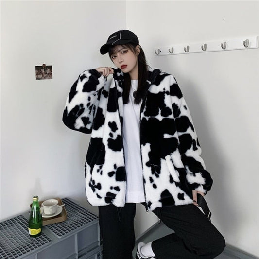 Kawaii Loose Plush Cow Print Hoodie
