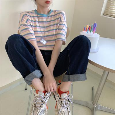 Loose Vintage Colorful Striped T-shirts