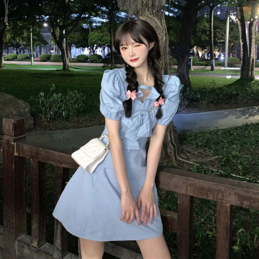 Kawaii Sweet Puff Sleeve Blue Short Dresses