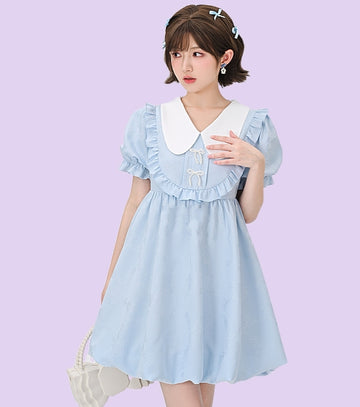 Summer Sweet Blue Puff Sleeve Doll Collar Bud Dress