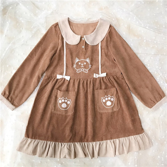 Mori Girl Kawaii Cat Corduroy Dress