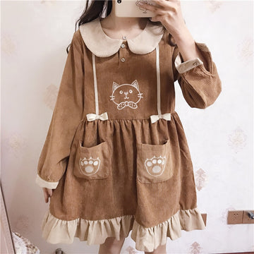 Mori Girl Kawaii Cat Corduroy Dress