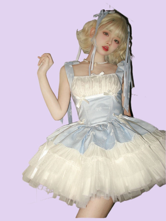 Ballet style blue and white small ribbon lolita dresses