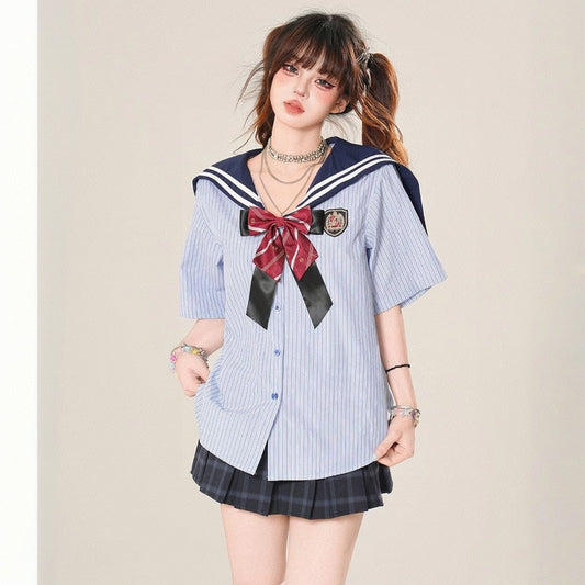American Blue Striped Navy Collar Short-sleeved T-shirt
