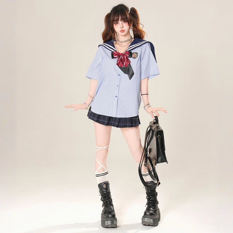 American Blue Striped Navy Collar Short-sleeved T-shirt