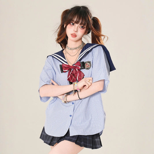 American Blue Striped Navy Collar Short-sleeved T-shirt