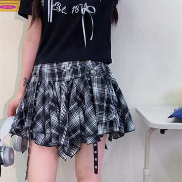 American College Style Irregular Black White Plaid Short Skirt