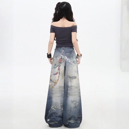 American Dark Blue Chain Print Wide-leg Jeans