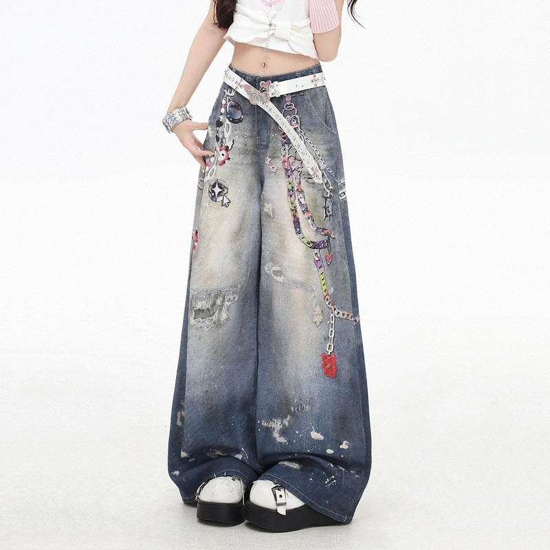 American Dark Blue Chain Print Wide-leg Jeans