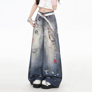 American Dark Blue Chain Print Wide-leg Jeans