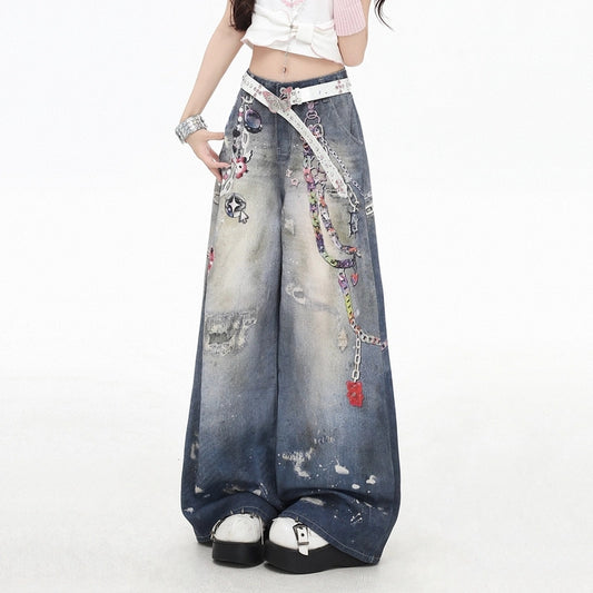 American Dark Blue Chain Print Wide-leg Jeans