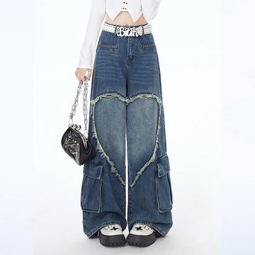 American Girly Style Loving Heart Embroidery Straight Jeans