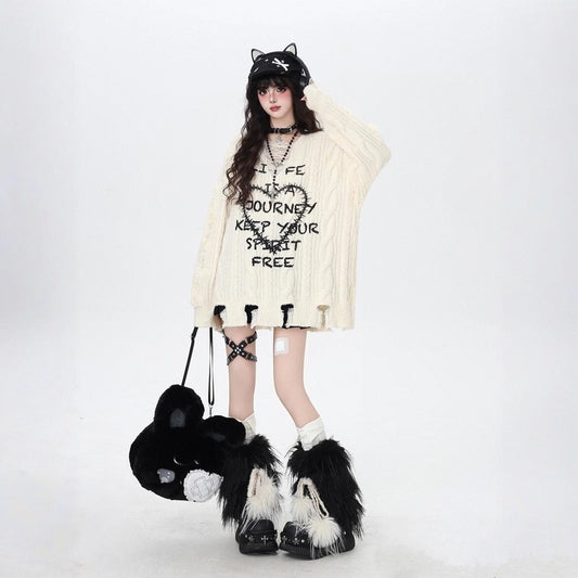 American Heart Print Ripped V-Neck Sweater