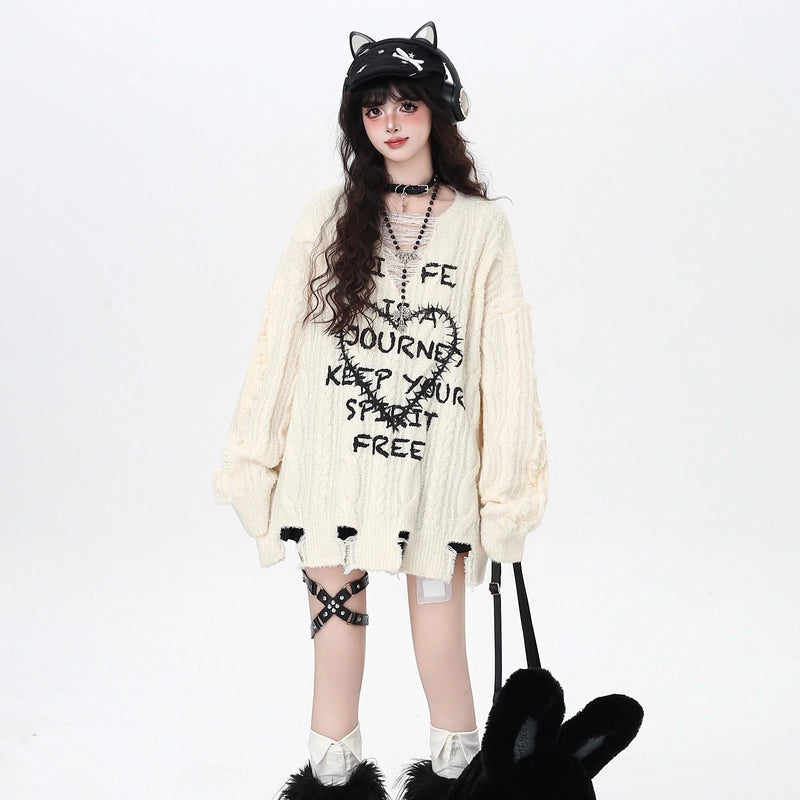 American Heart Print Ripped V-Neck Sweater