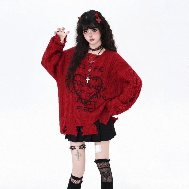 American Heart Print Ripped V-Neck Sweater