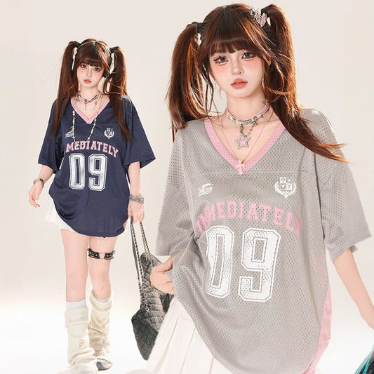 American Loose Blue Hollow V-neck T-shirt