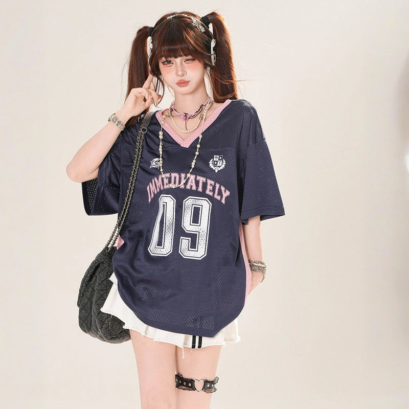 American Loose Blue Hollow V-neck T-shirt