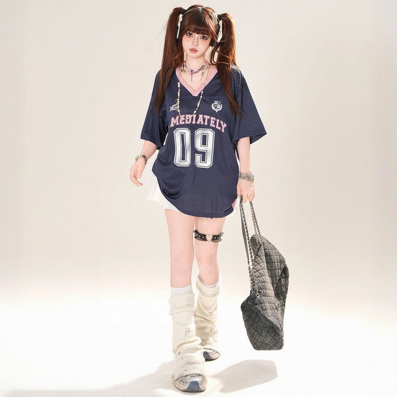American Loose Blue Hollow V-neck T-shirt