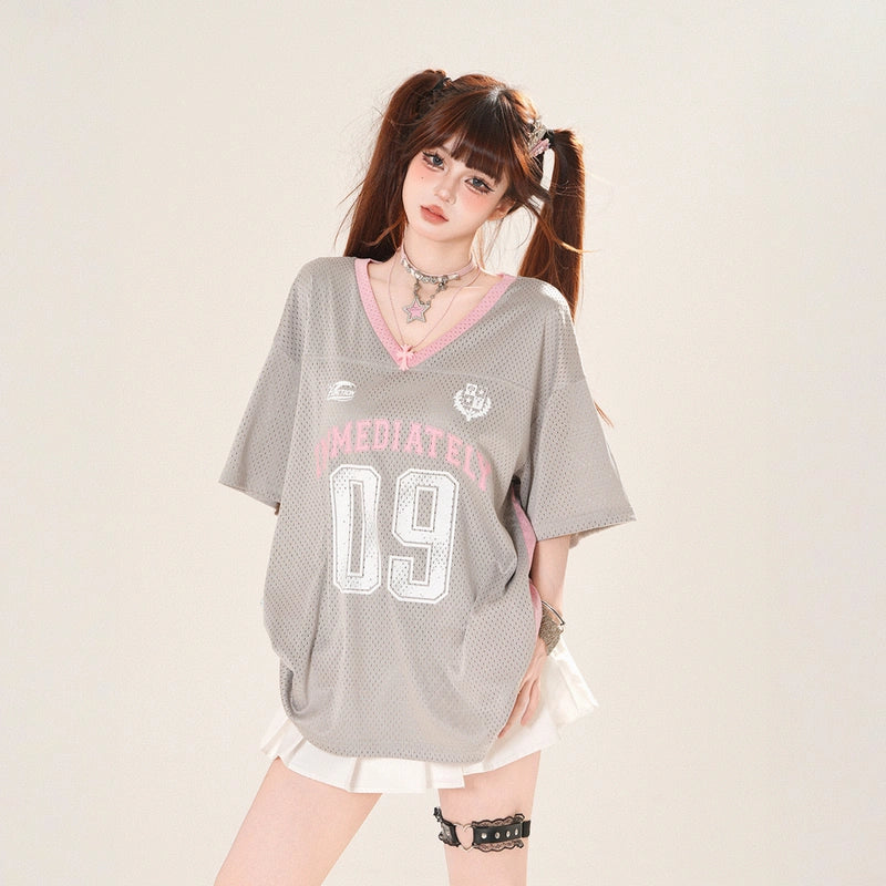 American Loose Blue Hollow V-neck T-shirt