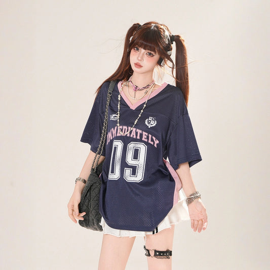 American Loose Blue Hollow V-neck T-shirt