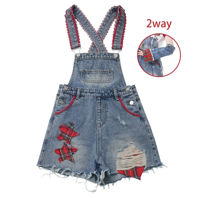 American Playful Style Blue Denim Overalls