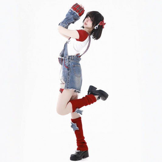 American Playful Style Blue Denim Overalls