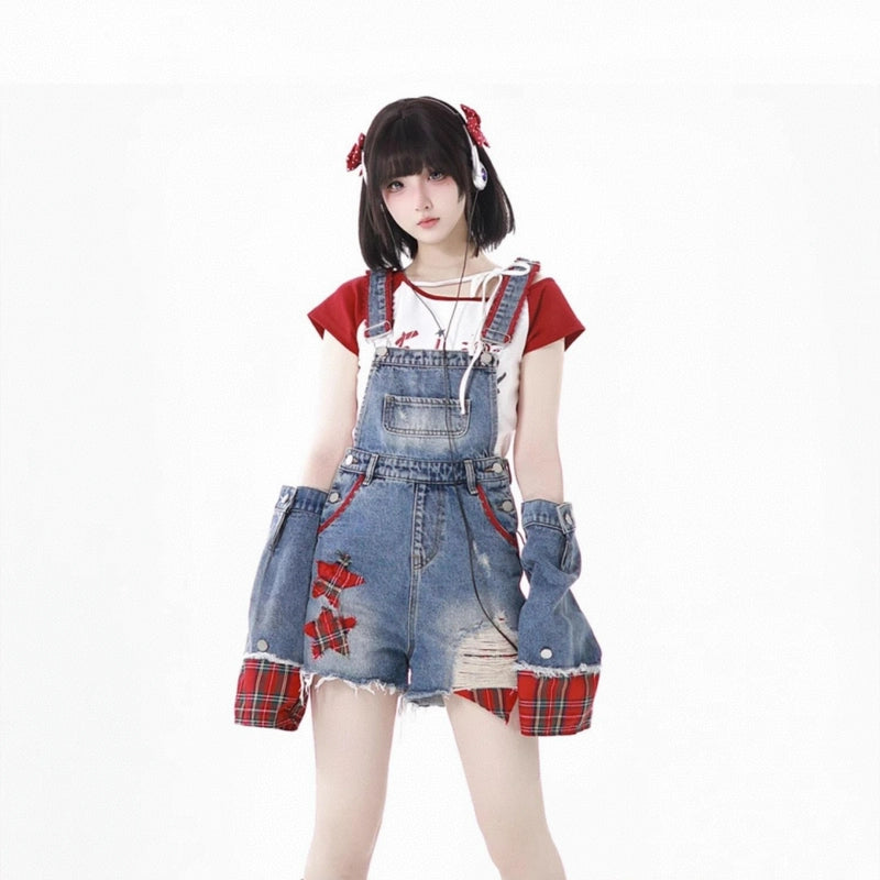 American Playful Style Blue Denim Overalls