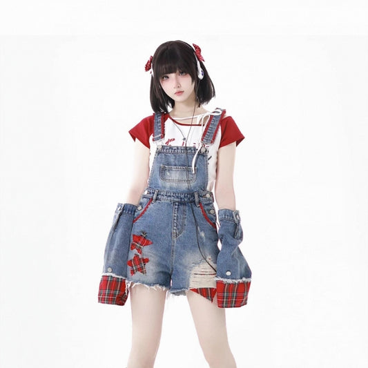 American Playful Style Blue Denim Overalls