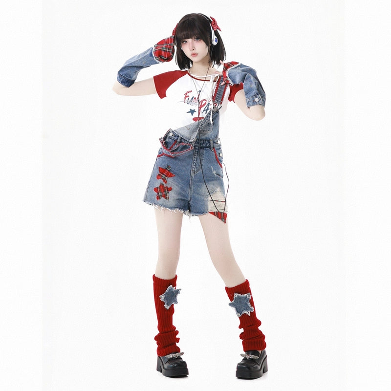 American Playful Style Blue Denim Overalls